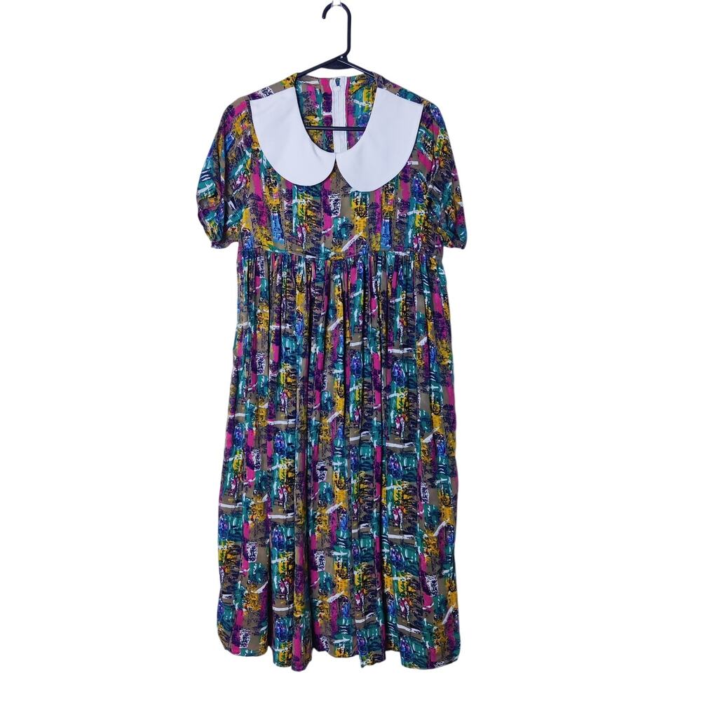 Vintage Handmade Colorful Abstract Peter Pan Collar Large Babydoll  Midi Dress